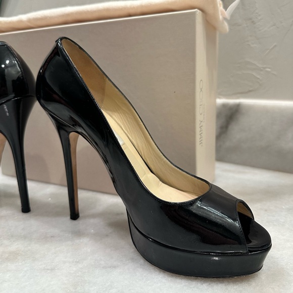 Jimmy Choo Crown Patent Black Leather Peep Toe Heel - Picture 11 of 13